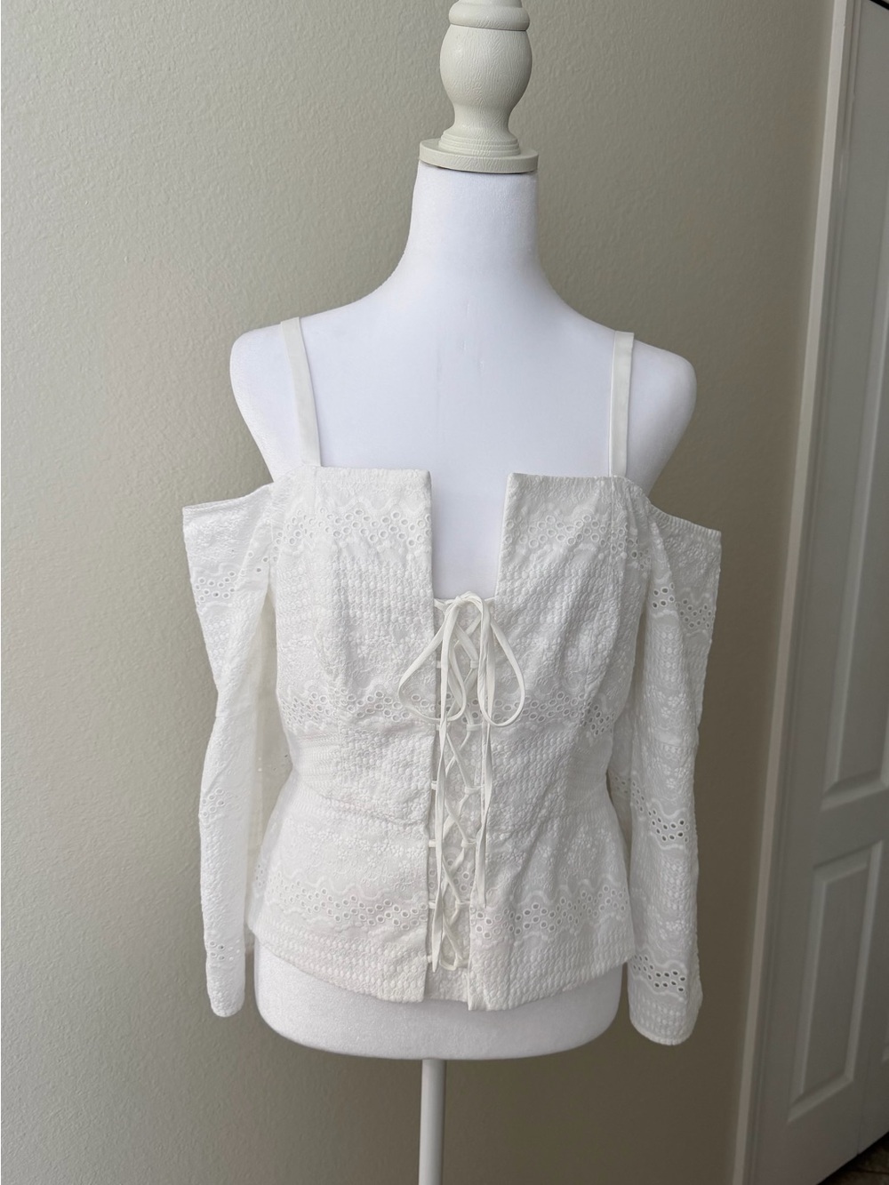 BCBGMaxAzria White Eyelet Lace-Up Cold-Shoulder Blouse
